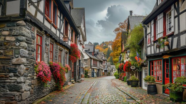 전통적 인 집 과 가을 잎자루 가 있는 역사적 인 유럽 의 자갈 거리