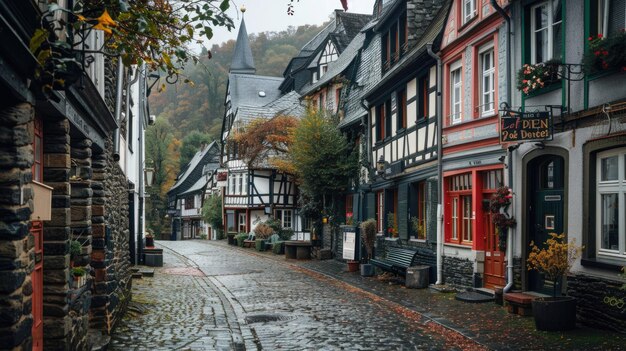 전통적 인 집 과 가을 잎자루 가 있는 역사적 인 유럽 의 자갈 거리