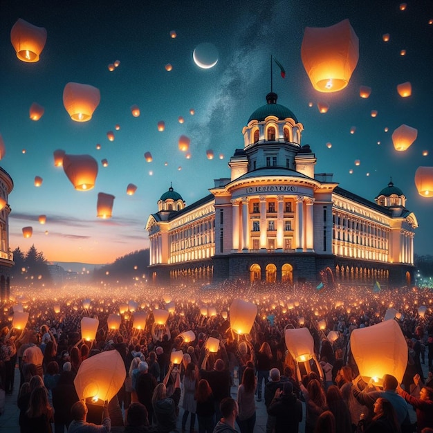 historic glow bulgaria liberation days twilight scene with illuminated buildings and lantern