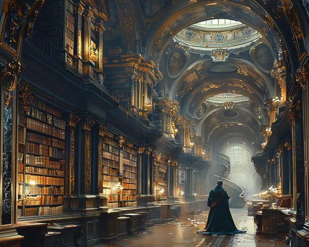 Historic library with students lost in study and thought