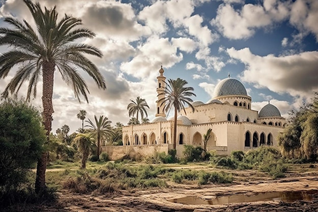 Historic mosque against a dramatic cloudy sky