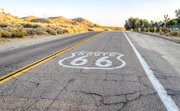 Historic Route 66 with pavement sign in California USA