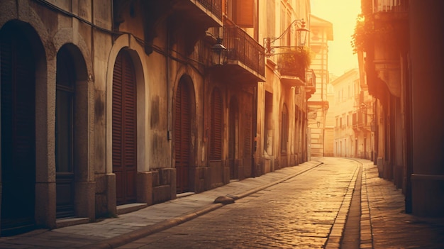 Historic street in europe at sunset