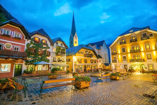 Historic town square of Hallstatt at night in the Austrian Alps, region of Salzkammergut, Austria