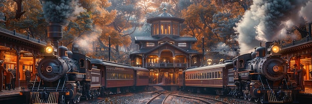 A historic Victorianera train station with steam engines platforms and passengers