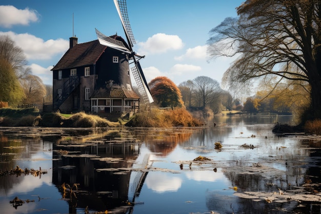 Historic windmill and its reflection in a Dutch canal Generative AI