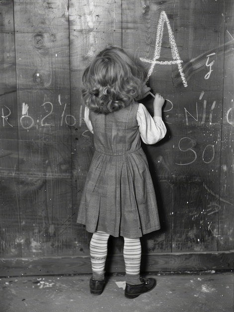 A historical black and white photograph captures a child writing the alphabet on a blackboard It reflects the timeless nature of early education