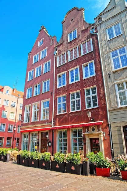 Historical buildings on Dluga Street in the old city center of Gdansk, Poland.