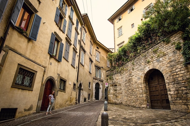 Historical center of Bergamo upper town traditional houses Italy