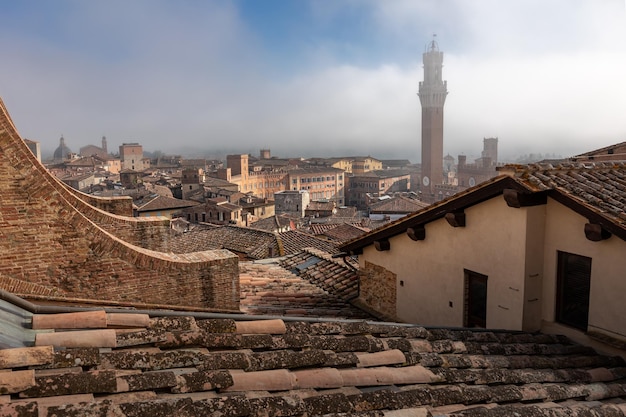 Фото Исторический центр с черепичными крышами torre del mangia средневековая башня в утреннем тумане сиена италия