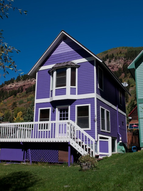 Historical Dollhouse Row in Telluride, Colorado. Each house is painted with bright colors.