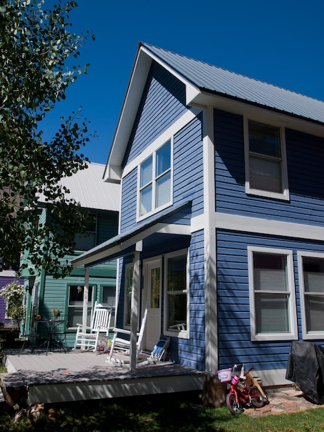 Historical Dollhouse Row in Telluride, Colorado. Each house is painted with bright colors.