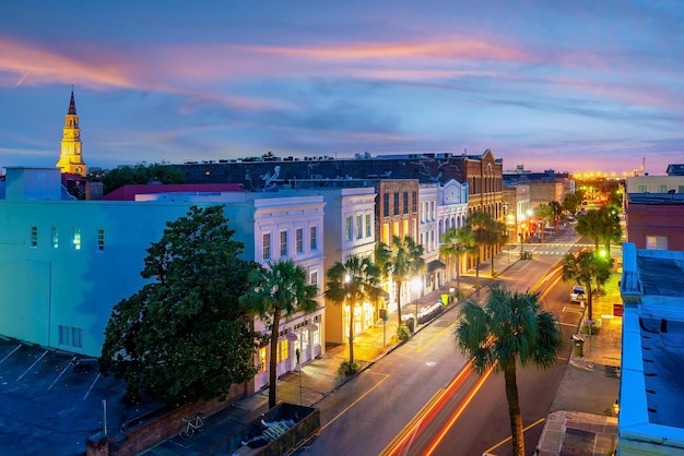 Historical downtown area of Charleston South Carolina cityscape in USA