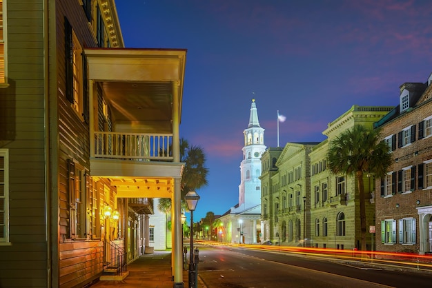 Historical downtown area of Charleston South Carolina cityscape in USA