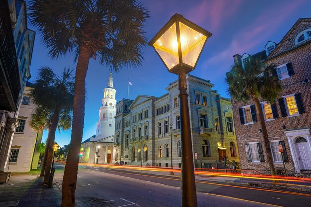 Historical downtown area of Charleston South Carolina cityscape in USA