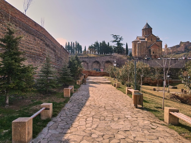 historical metekhi temple on a hill in the center of old Tbilisi.