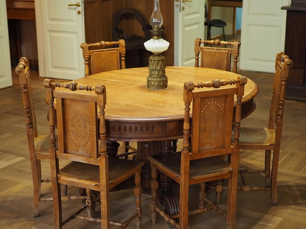 Historical monument Antique wooden furniture an exhibit of the Roerich Estate Museum Izvara