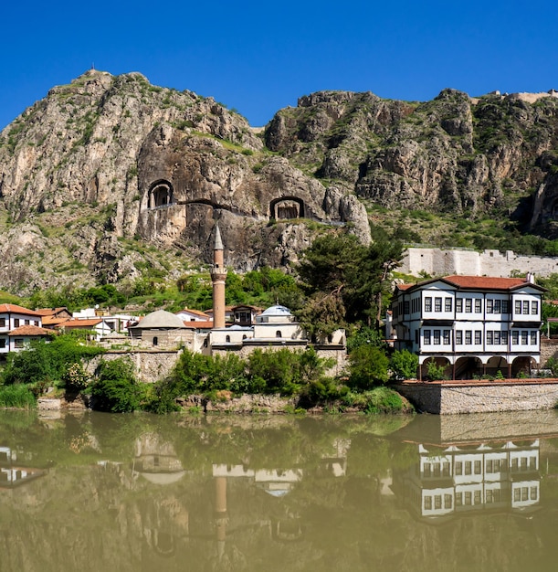 Historical Ottoman houses by the river in Amasya