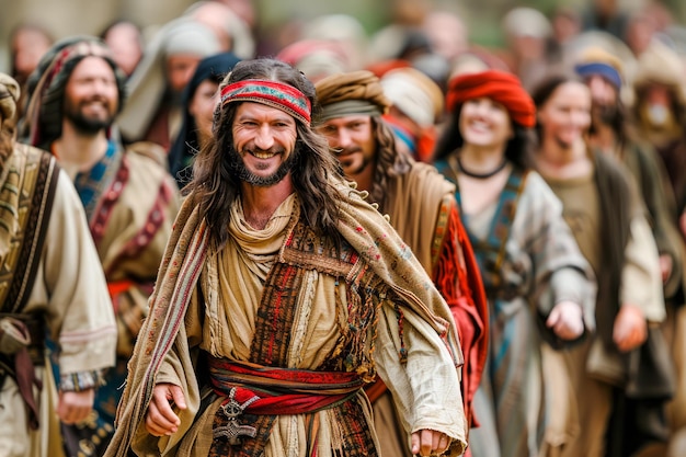 전통 의복 을 입은 미소 짓는 남자 와 함께 중세 집회 의 역사적 재현