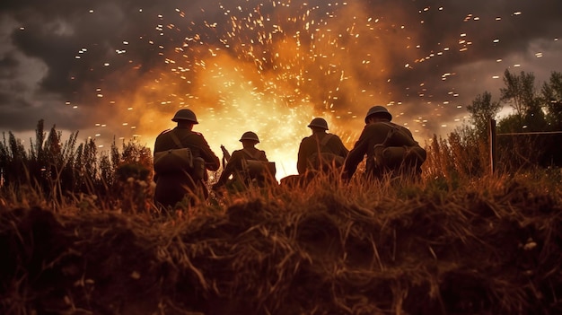 Historical reenactment of soldiers during the Second World War explosion and fire sparkle back vie