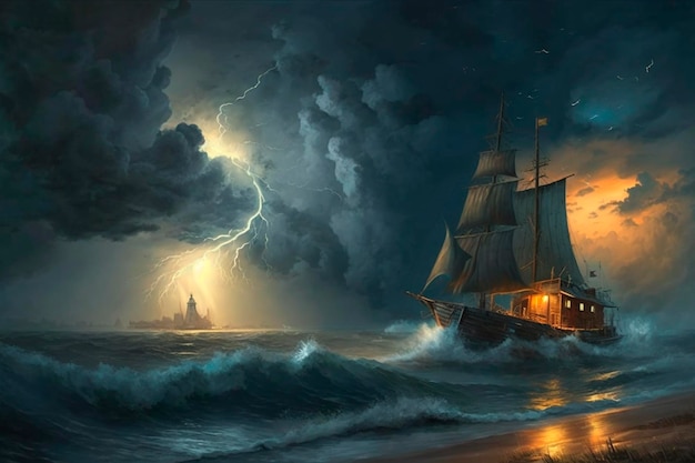 Historical sailboat in stormy waters adventure story at sea