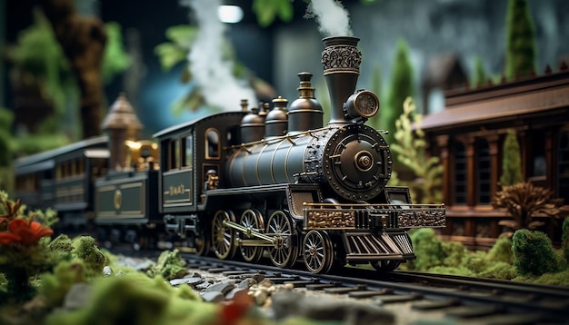 Historical steampunk train diorama on railway