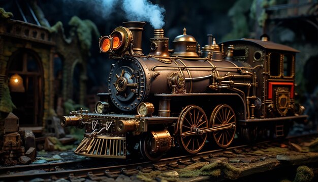 Foto diorama storico del treno steampunk sulla ferrovia