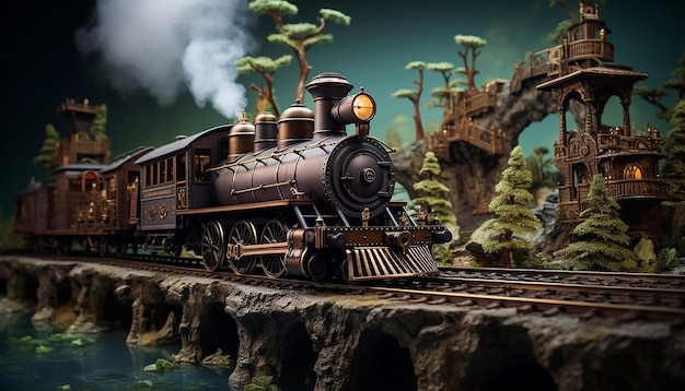 Foto diorama storico del treno steampunk sulla ferrovia