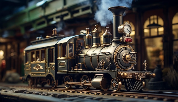 Historical steampunk train diorama on railway