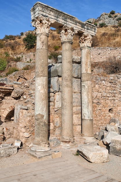 Historical Turkey pillars Ephesus in an ancient city Excavated remains of historical building stone in Turkish history and culture Ruin of ancient roman architecture in a popular tourism attraction