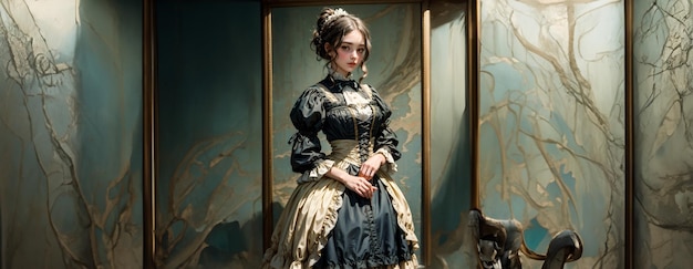 빅토리아 시대의 역사적 사진. 빈티지 드레스를 입은 우아한 여성의 초상화