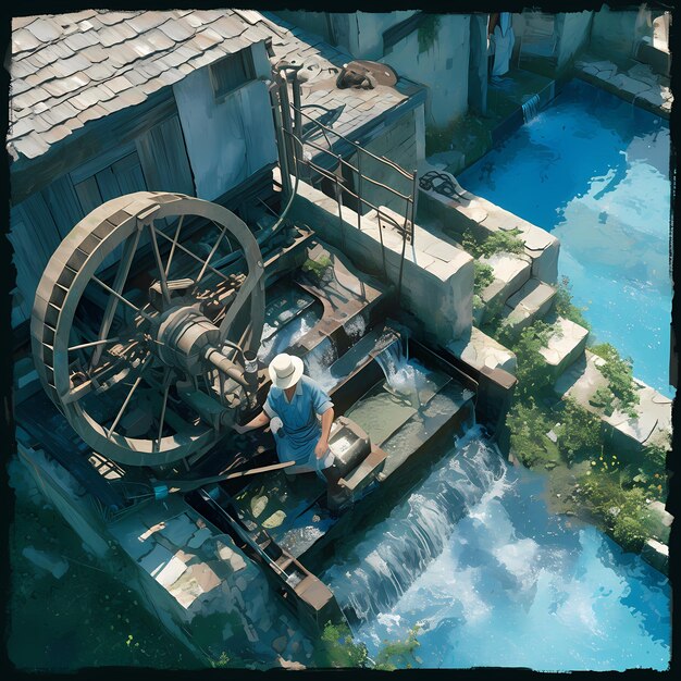 Photo historical watermill in action