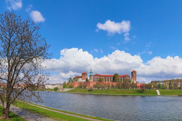 Historisch deel van de stad Krakau in Polen. Sprintgimemening van Vistula-rivier met Wawel-Koninklijk Kasteel op zonnige dag in de Lente,