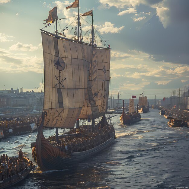 Historisch scheepsbeeld in gouden zonlicht