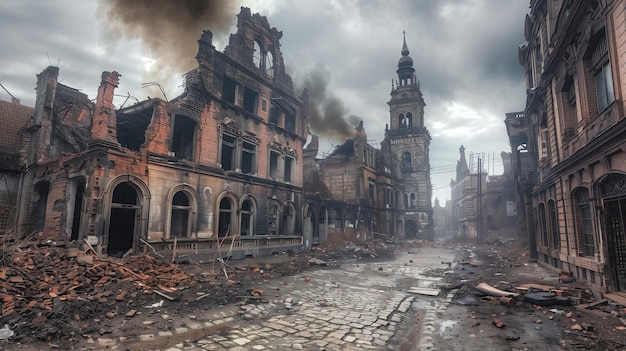 Historische gebouwen in ruïnes langs een stadsstraat door oorlogsvernietiging beeld van hoge kwaliteit