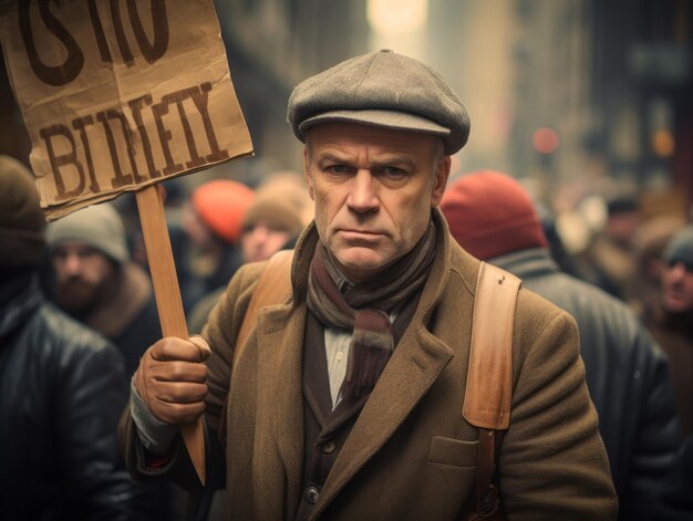 Foto historische kleurenfoto van een man die een protest leidt