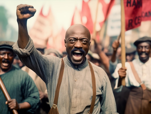 Historische kleurenfoto van een man die een protest leidt