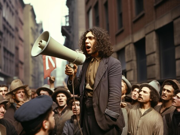 Foto historische kleurenfoto van een man die een protest leidt