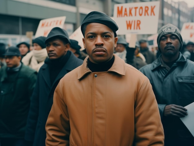 Historische kleurenfoto van een man die een protest leidt