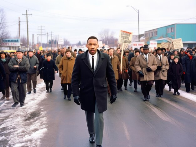 Historische kleurenfoto van een man die een protest leidt