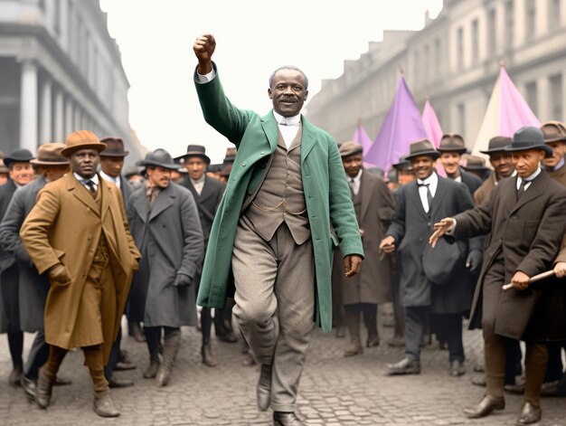 Foto historische kleurenfoto van een man die een protest leidt