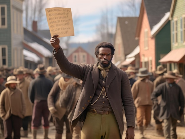 Foto historische kleurenfoto van een man die een protest leidt