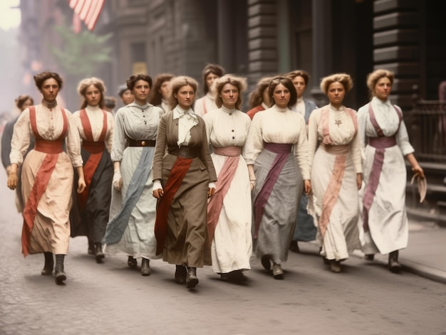 Historische kleurenfoto van een vrouw die een protest leidt