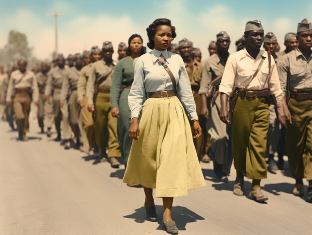 Historische kleurenfoto van een vrouw die een protest leidt