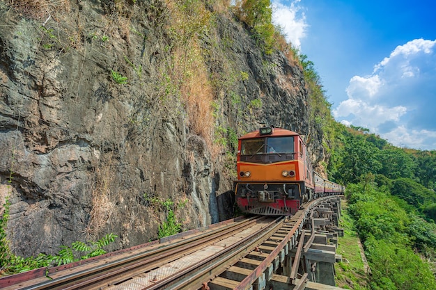 Historische spoorweg uit de Tweede Wereldoorlog, bekend als de Death Railway, met veel toeristen in de trein