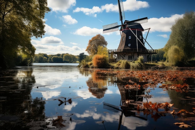 Historische windmolen en zijn weerspiegeling in een Nederlands kanaal Generatieve AI