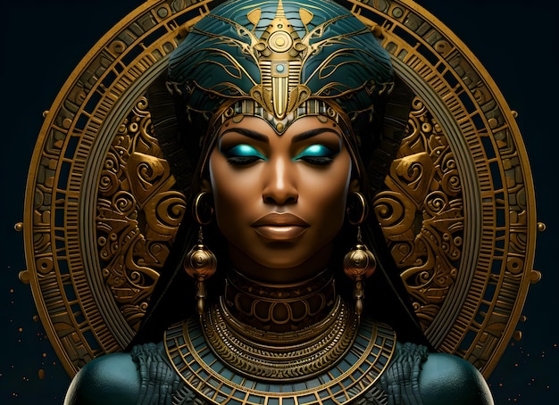 history of a beautiful african woman wearing traditional kingdom dress in futuristic background