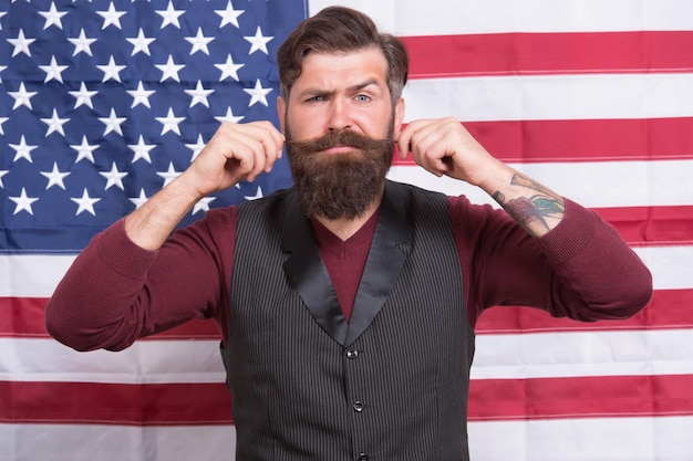 History is as long as my mustache Promoting american values Confident businessman american flag background Independence day Celebration of freedom Cultural identity American man celebrate