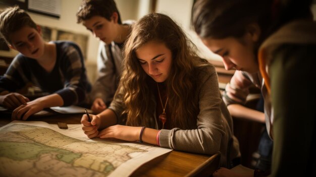 Foto l'insegnante di storia aiuta gli studenti a mettere le mappe e i libri di testo della scuola media sulla scrivania