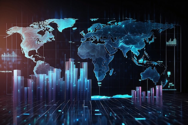 Hitech hologram of planet Earth with glowing vector chart of investment financial data Graph stock market